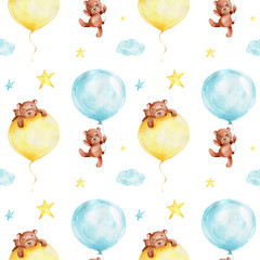 Modèle sans couture avec ours en peluche de dessin animé avec des ballons bleus et jaunes, des nuages et des étoiles   illustration de dessin à la main à l& 39 aquarelle  avec fond isolé blanc
