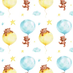 Papier peint Animaux avec ballon Modèle sans couture avec ours en peluche de dessin animé avec des ballons bleus et jaunes, des nuages et des étoiles   illustration de dessin à la main à l& 39 aquarelle  avec fond isolé blanc