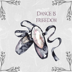 Black pointe shoes. Ballet shoes. Watercolor gothic card on textured background - 329330267