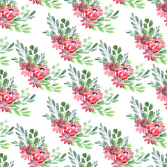 Watercolor seamless pattern with spring flowering plants. Red flowers, branches and leaves