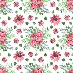 Foto op Canvas Watercolor seamless pattern with spring flowering plants. Red flowers, branches and leaves © Ellivelli
