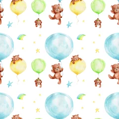 Photo sur Plexiglas Animaux avec ballon Modèle sans couture avec ours en peluche de dessin animé avec des ballons bleus, verts et jaunes, des nuages et des étoiles   illustration de dessin à la main à l& 39 aquarelle  avec fond isolé blanc