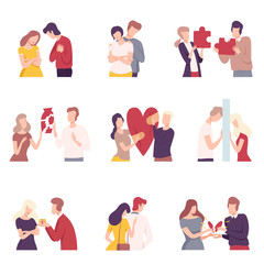 People Trying to Save Love and Friendship Set, Couple Trying to Connect Broken Heart Flat Vector Illustration