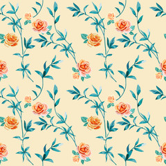 Trendy floral background with yellow, orange roses flowers and twigs with leaves in style watercolor