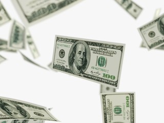 Falling dollars isolated in white background. 3d rendering - illustration.