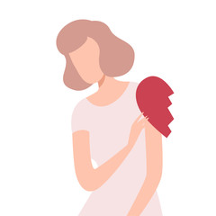 Lonely Frustrated Woman with Half of Broken Heart, Unrequited Love Flat Vector Illustration