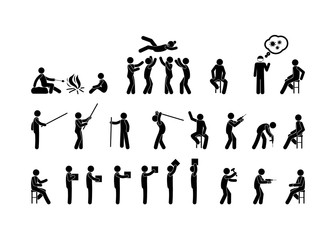 stick figure man various poses, stickman icon set, isolated pictograms human silhouette