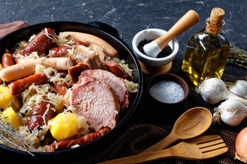 French choucroute garnie with pork loin, sausages - obrazy, fototapety, plakaty