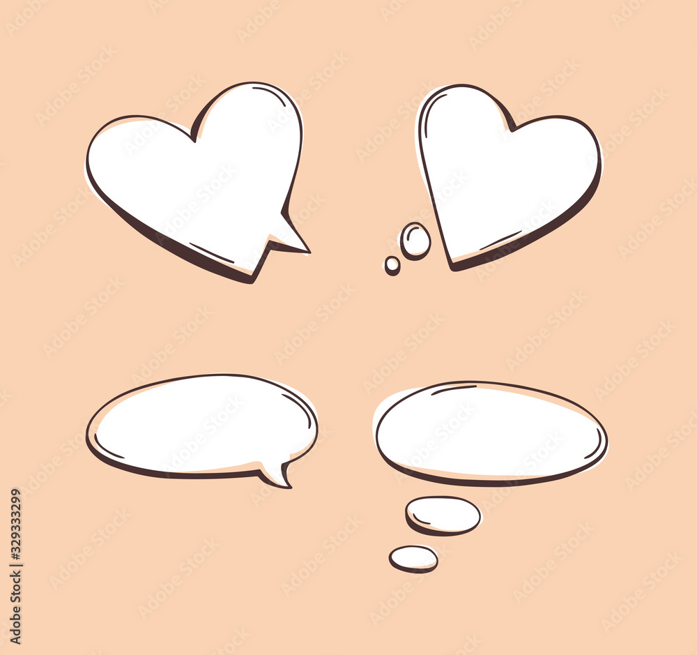 Poster hand drawn set of heart speech bubbles. vector pop art romantic objects. doodle elements for dialog
