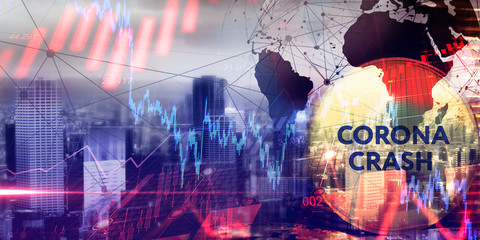corona crash - hand-drawn graph on chalkboard showing stock market collapse or financial economy crisis caused by coronavirus - obrazy, fototapety, plakaty