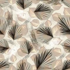 Seamless abstract pattern. Leaves and brush strokes in gray, black and brown.
