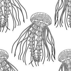 Seamless pattern with a jellyfish for adult antistress coloring page. Black white hand drawn vector doodle of an oceanic animal for coloring book. - 329333643