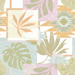 Seamless abstract pattern. Tropical leaves and geometric shapes in pastel shades.