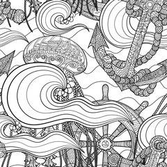 Seamless pattern with a jellyfish for adult antistress coloring page. Black white hand drawn vector doodle of an oceanic animal for coloring book. - 329334002
