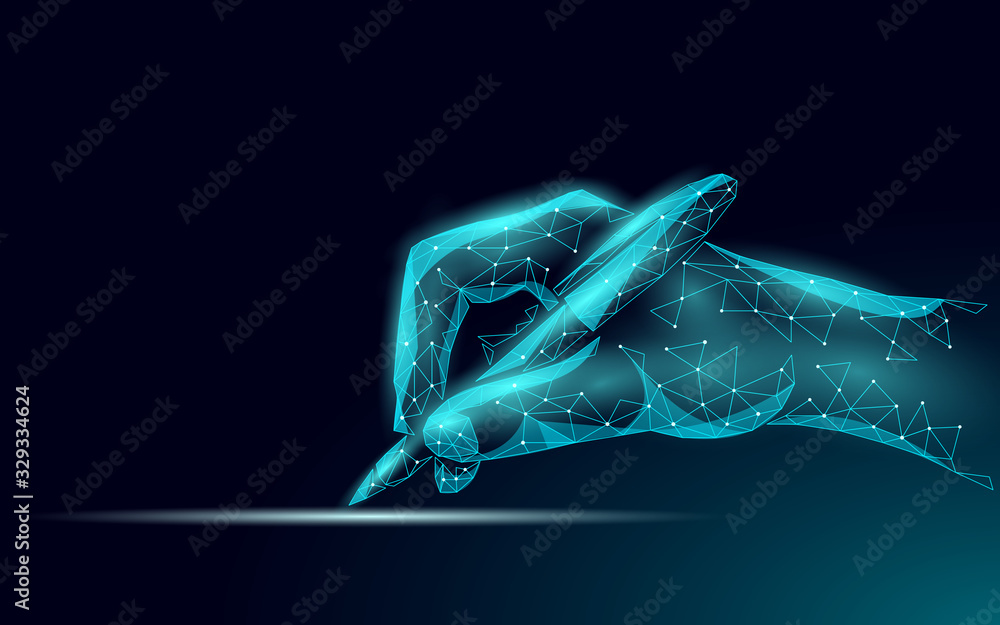 Poster 3d digital signature writing concept. businessman whine a sign on tablet touch screen terminal. digi