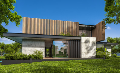 Obraz premium 3d rendering of modern cozy house with parking and pool for sale or rent with wood plank facade and beautiful landscaping on background. Clear sunny summer day with blue sky.
