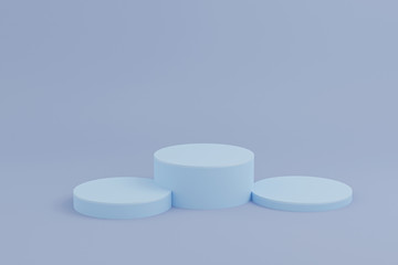 3d rendered illustration with geometric three step blue cylinder podium platform for cosmetic product presentation.Mock up design empty space. Abstract composition in pastel background modern style