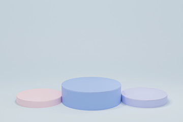 3d illustration with geometric three step blue pastel cylinder podium platform for cosmetic product presentation.Mock up design empty space. Abstract composition in pastel background modern style