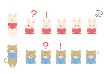 読書をするうさぎとネコのイラスト　セット