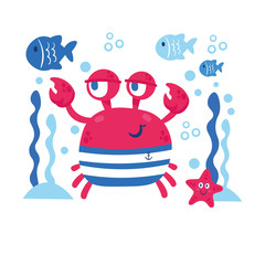 Vector card with sea animals crab star fish. Marine theme design. Illustration for clothes anniversary birthday party invitations scrapbooking cards and sticker