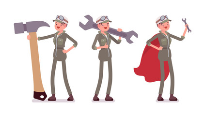 Mechanic girl in overalls with professional tools. Attractive female skilled worker, motor vehicle service technician wearing uniform, garage, auto workshop job. Vector flat style cartoon illustration