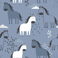 Horses, hand drawn backdrop. Colorful seamless pattern with animals, sky. Decorative cute wallpaper, good for printing. Overlapping background vector. Design illustration - 329336039