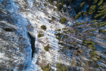 Beautiful Sunny landscape with forest, snow and frozen river. Aerial photography from a drone