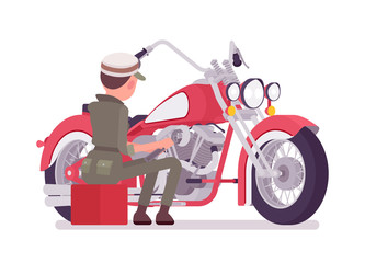 Mechanic girl in overall servicing motorbike. Attractive female skilled worker, motor vehicle service technician wearing uniform, garage or an auto workshop job. Vector flat style cartoon illustration