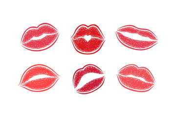 Modern Lips prints on a white background. Vector set of womans girl lipstick kiss mark.