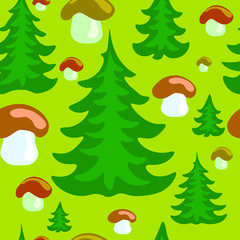 spruce trees and mushrooms on a bright background seamless pattern