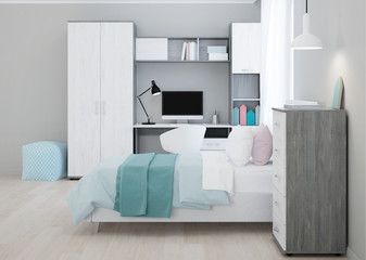 Cozy stylish bedroom designed for a teenager. Bright interior with bright accents. 3D rendering.