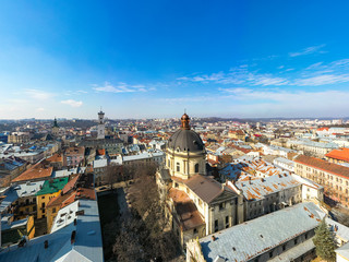 Naklejka na ściany i meble Aerial view on Dominican Church in Lviv, Ukraine from drone