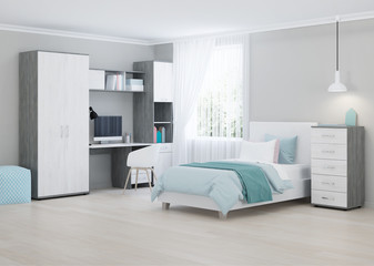 Cozy stylish bedroom designed for a teenager. Bright interior with bright accents. 3D rendering.