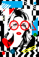 Sexy Girl with sunglasses and red lips, colorful pop art background 