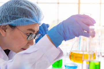 Fototapeta premium Discovering a cure for an Asian female scientist who is concentrated, holding a test tube and watching while working.