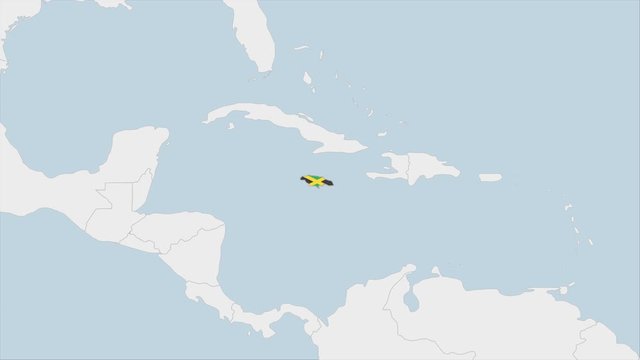 Jamaica map highlighted in Jamaica flag colors and pin of country capital Kingston.