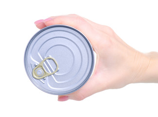 Hand holding jar tin canned food pate on white background isolation
