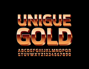 Fototapeta na wymiar Vector Unique Gold 3D Font. Shiny premium Alphabet Letters and Numbers