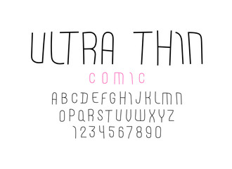 Comic font from ultra thin line, trendy simple alphabet sans serif, modern condensed black letters and numbers