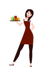 Waitress girl stands with a tray of fast food in one hand. Flat vector illustration.