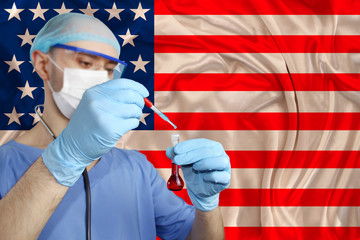 scientist, doctor does a blood test, develops a vaccine, medicine against the background of the usa...