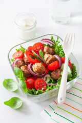keto paleo lunch box with meatballs, lettuce, tomato, cucumber, bell pepper