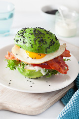 keto paleo diet avocado breakfast burger with bacon, egg, tomato