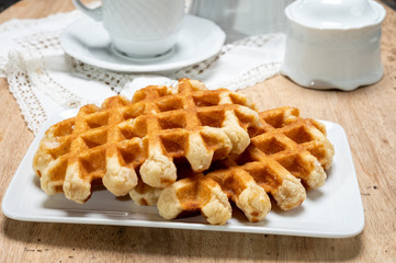 Tasty Belgian dessert, homemade Brussels sugar waffles