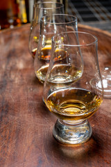 Tasting of flight of Scotch whisky from special tulip-shaped glasses on distillery in Scotland, UK