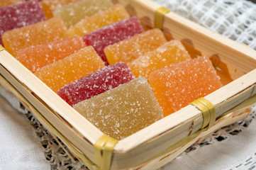 Tasty french dessert, natural fruit pate jellies or madmalade