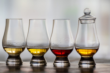Tasting of flight of Scotch whisky from special tulip-shaped glasses on distillery in Scotland, UK