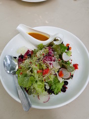 Closeup of fresh and delicious salad with dressing.  Recommended dietary food concept.