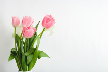 Pink tulips bouquet on white background with copy space. Bouquet of Beautiful pink and white spring tulips flowers for Mothers Day, Valentine Day, birthday concept, Hello spring.