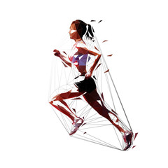 Running woman, low poly isolated vector illustration. Geometric runner, side view